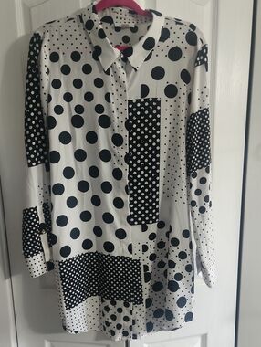 Calvin Klein Black and White Polka Dot Patchwork Button-Down Blouse